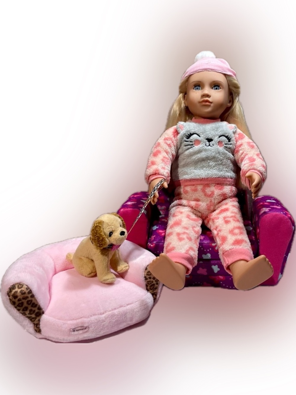 Our Generation Meagan 18-inch doll with Dog, Dog Bed, & convertible sofa bed GUC